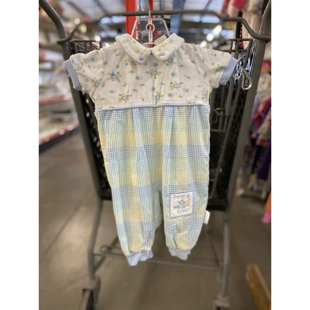 Vintage Peter Rabbit & Friends Baby Romper 6M F.W. & Co. Pastel Plaid One Piece